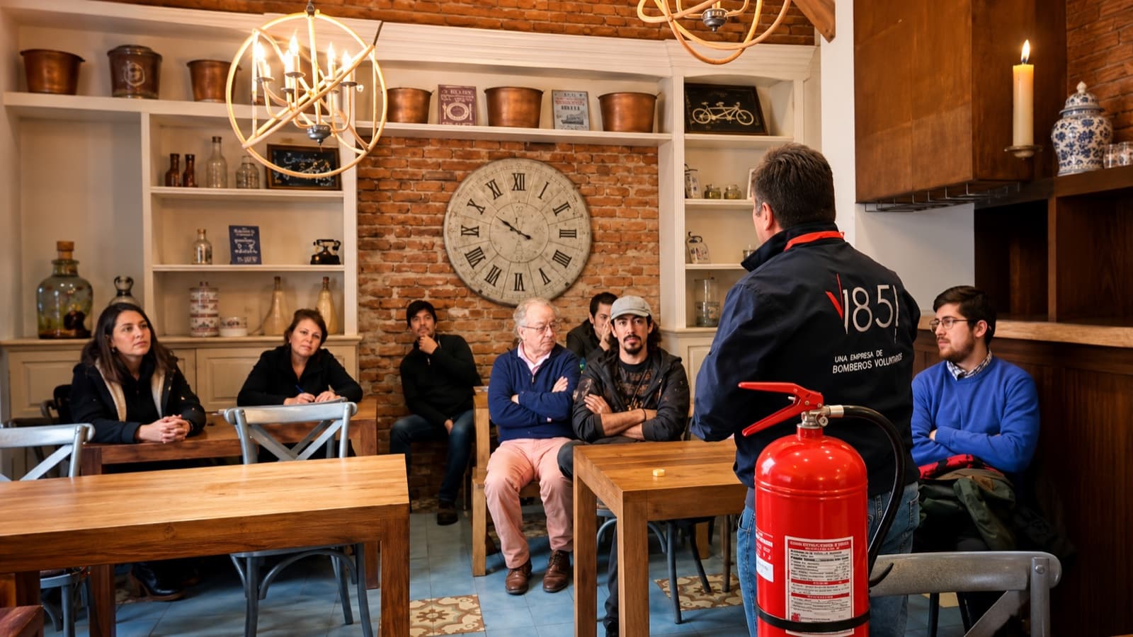 Instructor imparte una charla de prevención de incendios y uso de extintores ante un grupo de participantes.